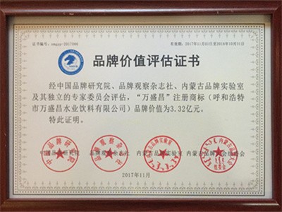 2017品牌價值評估證書3.32億